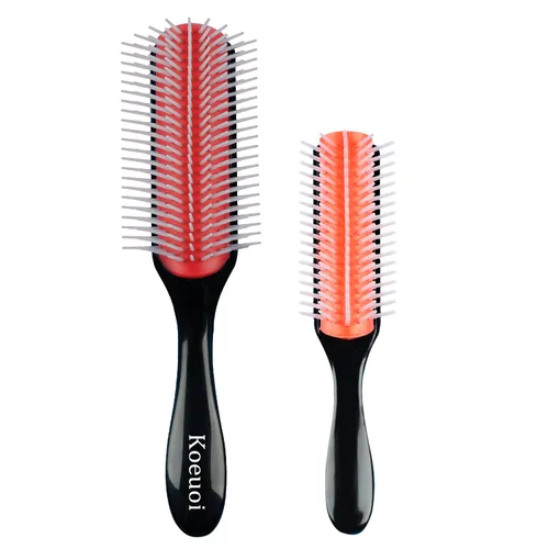 Cepillo clásico de peinado para cabello rizado húmedo o seco. Cepillo negro de 9 filas para desenredar, separar y dar forma rojo (1 pieza)
