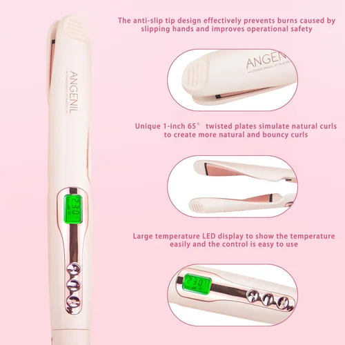 Miniatura 4 de ANGENIL Alisador y rizador de cabello profesional 2 en 1, plancha plana giratoria para mujer, plancha plana redonda rosa de doble voltaje