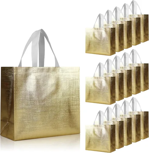 Miniatura 11 de cabzymx 16 bolsas de regalo reutilizables rosadas, bolsa de regalo de vacaciones con diseño metálico brillante con asas y bases, bolsa de regalos
