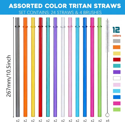 Miniatura 2 de 24 popotes reutilizables con 4 cepillos, popotes de plástico duro Tritan de 10.5 pulgadas de largo, 12 colores translúcidos de repuesto para vasos