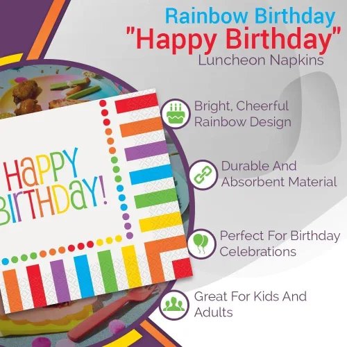 Miniatura 5 de Servilletas de almuerzo de cumpleaños arcoíris – 16 unidades, diseño elegante y vibrante, servilletas de papel premium para fiestas y eventos