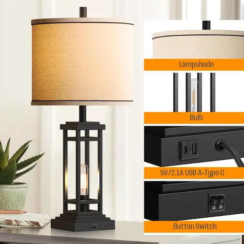 Miniatura 4 de ROTTOGOON Lámpara de mesa de granja de 27.5 pulgadas de altura con puertos de carga USB C + USB A, lámpara rústica para sala de estar, lámpara