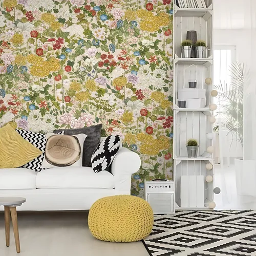 Miniatura 2 de Papel tapiz floral para despegar y pegar, papel de pared bohemio, extraíble, impermeable, verde/amarillo/azul, papel de contacto para dormitorio
