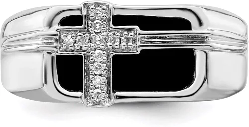 Miniatura 4 de Anillo de cruz de ónix negro con diamantes de plata de ley para hombre