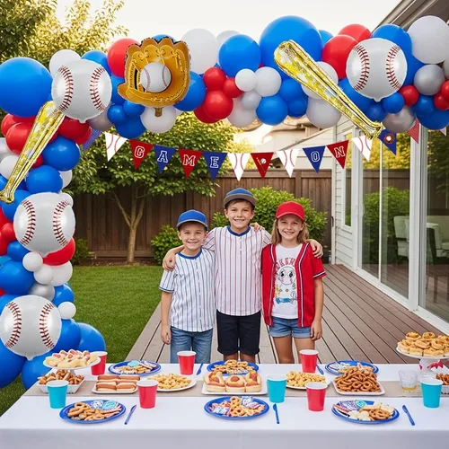 Miniatura 6 de Decoraciones de fiesta de cumpleaños de béisbol: con arco de globos rojo, blanco y azul y guantes de bate de béisbol, globos de papel de aluminio