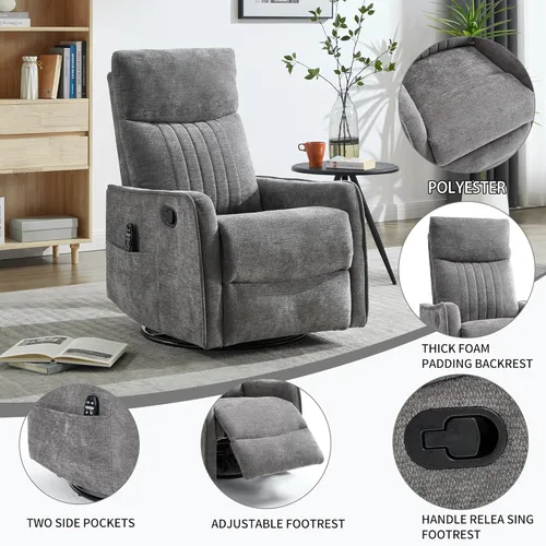 Miniatura 4 de Sillón reclinable de masaje de respaldo alto con calor, mecedora giratoria para espacios pequeños, sillón reclinable manual para adultos, perfecto