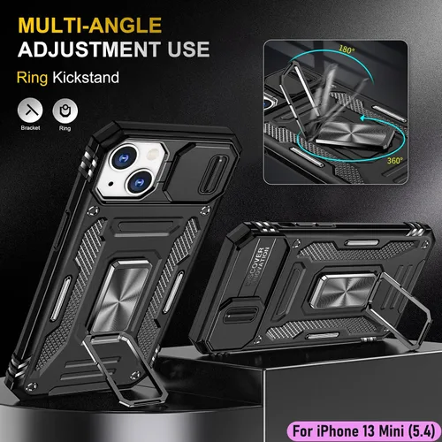 Miniatura 5 de Funda resistente para Apple iPhone 13 Mini, protección híbrida de goma de doble capa de grado militar con protector de cámara deslizante, soporte