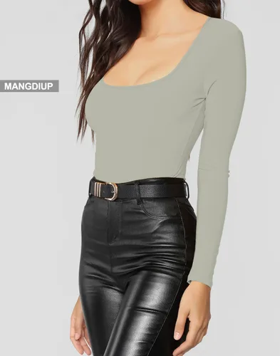 Miniatura 73 de MANGDIUP Body esencial para mujer, cuello redondo, manga larga, ajustado, elástico, de algodón y elastano