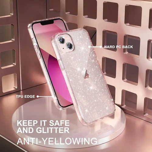 Miniatura 7 de Choiche Compatible con iPhone 13, funda para mujer con purpurina brillante, 2 protectores de lente de cámara con diamantes, funda protectora a