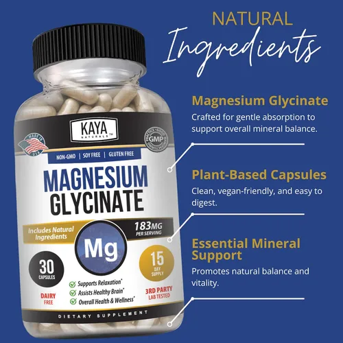 Miniatura 6 de Kaya Naturals Glicinato de magnesio 183 mg por cápsula, quelado para una máxima absorción, sin OMG, sin gluten, lácteos y soja, apoya la salud