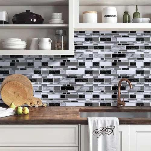 Miniatura 5 de Loseta en muro adhesiva de color blanco y negro para cocina, papel tapiz removible de 11.8 x 78.7 pulgadas, papel adhesivo con azulejos para baño