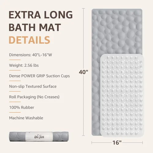 Miniatura 5 de Bligli Tapete para bañera antideslizante, estándar de 16 x 31.5 pulgadas, con ventosas fuertes, goma suave, antideslizante, lavable a máquina, Beige