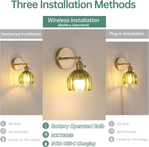 Miniatura 3 de Shenmoyl Aplique de Pared Vintage Operado por Batería con Linda Campana de Vidrio Tulipán Verde, Recargable Inalámbrica, Luz de Pared con Control