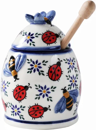 Miniatura 14 de ZOOBEE Tarro de miel de cerámica de 10 onzas con tapa y tapa pintada a mano con diseño natural, pequeño recipiente portátil para miel para cocina