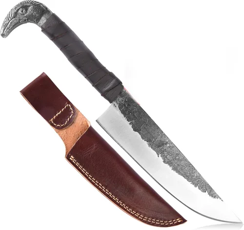 Miniatura 9 de Cuchillo Odin's Raven estilo vikingo nórdico de 10.3" - Hoja de acero al carbono forjada a mano de 6.5", empuñadura con cabeza de cuervo y funda