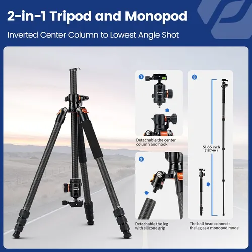 Miniatura 6 de Fotopro Trípode horizontal de fibra de carbono, 62.6 pulgadas, trípode de cámara 2 en 1, monopie con cabezal de bola de 360 grados, placa