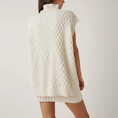 Miniatura 4 de NUFIWI Conjunto de dos piezas de punto para mujer, sin mangas, cuello alto, sin botones, ajustado, minifalda, conjunto a juego