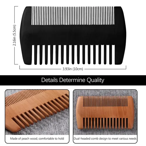 Miniatura 2 de Kit de peine de madera para barba, dientes finos y gruesos de doble acción, color madera y peine de bolsillo negro para barbas, bigotes y cuidado