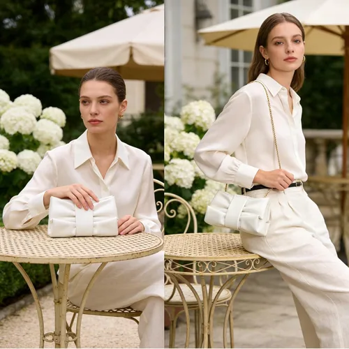 Miniatura 2 de Elegante bolso de mano con lazo para mujer, suave y plisado, bolsa de noche de poliuretano con cadena desmontable para fiesta de graduación, boda
