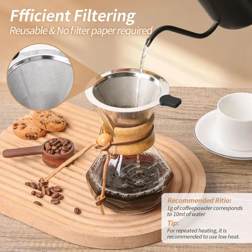 Miniatura 5 de Cafetera de Goteo 14 OZ, 4 Tazas Cafetera de Vidrio de Borosilicato con Filtro de Acero Inoxidable Reutilizable y Empuñadura de Corcho para Café