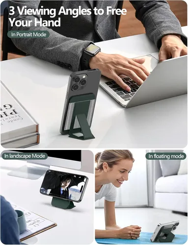 Miniatura 3 de ExtreLife Tarjetero magnético compatible con MagSafe Wallet Stand para iPhone 17/16/15/14/13/12, compatible con 7 tarjetas, verde y gris