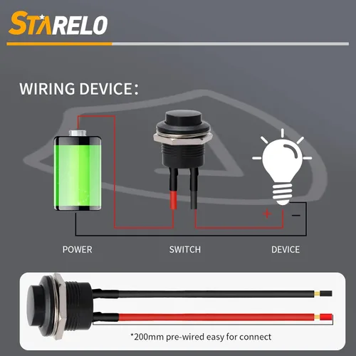 Miniatura 5 de STARELO 5 piezas de interruptor de botón momentáneo redondo de 16 mm SPST 3A AC250V/6A AC125V 2Pin 1NO con cable presoldado R13-507 (negro).