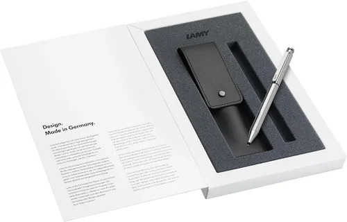 Lamy Set de 1 bolígrafo ST Twin Pen 645 con sistema de bolígrafo de acero inoxidable y lápiz en plata y 1 estuche de cuero genuino en negro para dos