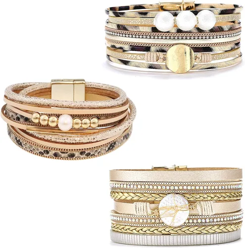 Miniatura 15 de Wowanoo - Juego de 3 pulseras de cuero de varias capas con cierre magnético para mujer, con cristales, ramas de árbol pulseras para mujer.