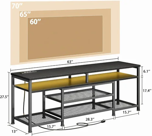 Miniatura 2 de Furologee Soporte de TV con tomas de corriente y luces LED, centro de entretenimiento de 63 pulgadas para televisores de 60, 65, 70 pulgadas, mesa