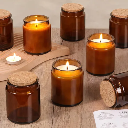 Lanttu Paquete de 12 tarros de vela ámbar para hacer velas, tarros de vidrio de 7.5 onzas con tapas y etiquetas de madera, suministros para hacer