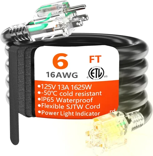 Miniatura 21 de HUANCHAIN Cable de extensión para interiores y exteriores, 50 pies, impermeable, calibre 16/3, flexible, resistente, cable de extensión para Amarillo