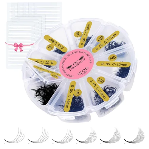 Miniatura 14 de Extensiones de pestañas postizas de volumen prefabricadas 3D-C-0.07-10 con tallo corto, extensiones de pestañas postizas en abanico prefabricadas 9