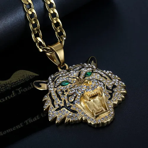 Miniatura 3 de CJiePeiC CZ Fully Roaring Tiger Head With Green Red Eyes Pendant Punk Rock Stainless Steel Necklace, 24 Inch 7mm Chain For Men Hip Hop Animal