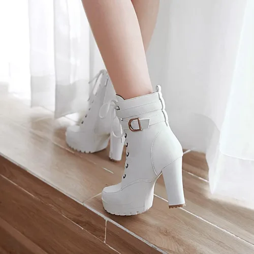 Miniatura 5 de MIOKE Botines elegantes con plataforma de punta redonda para mujer, con cordones, cierre de cremallera, tacón alto, botines cortos