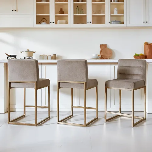 Miniatura 14 de GrandNoor Juego de 2 taburetes de bar modernos de piel sintética beige de 25 pulgadas con patas traseras de metal resistentes, cableado a cuadros