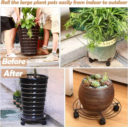 Miniatura 7 de Paquete de 5 cestas de metal para plantas de 11.8 pulgadas con ruedas, soporte de hierro forjado resistente con ruedas para uso en interiores