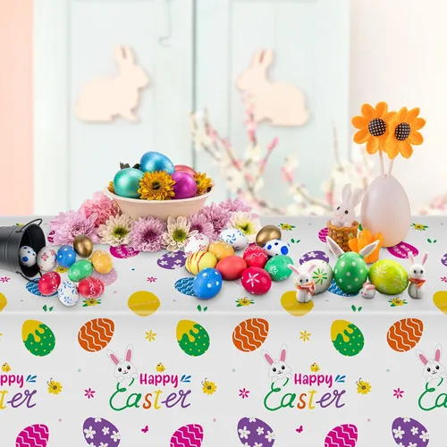 Miniatura 6 de Mantel de Pascua de 3 piezas, funda de mesa de conejo de Pascua, mantel rectangular de plástico desechable con huevos coloridos para primavera, día