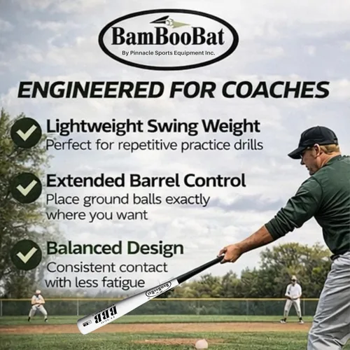 Miniatura 6 de BAMBOOBAT by Pinnacle Sports Equipment INC. Bate de béisbol de bambú para adultos Fungo Infield/Outfield 2-Mango blanco/barril escarlata