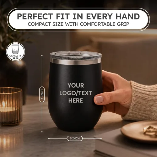 Miniatura 2 de Vaso personalizado de 12 onzas, vino sin tallo con tapa, tu logotipo grabado en Estados Unidos, tazas personalizadas de acero inoxidable