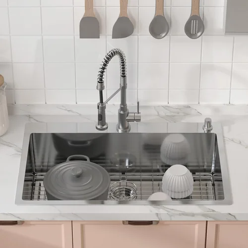 Miniatura 8 de VEVOR Estación de trabajo de cocina de 33 pulgadas, montaje superior de acero inoxidable 304, estilo granja con un solo tazón integrado con Plateado