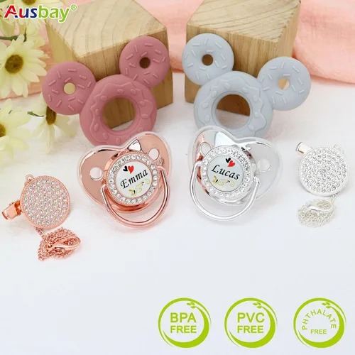 Miniatura 4 de Juego de chupete personalizado y clip para chupete con nombre, chupete personalizado, nombre y cadena personalizados, juguetes mordedores de Dorado