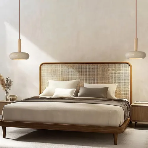 Miniatura 4 de Lámpara colgante de estilo japonés Wabi-sabi con pantalla redonda de piedra natural, lámpara de madera nórdica, lámpara de noche para dormitorio, 12