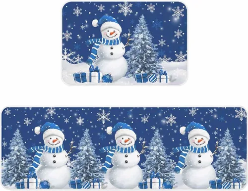 Prime Leader Juego de 2 tapetes de cocina con diseño de muñeco de nieve de Navidad, copos de nieve, azul marino, antideslizantes, tapetes lavables