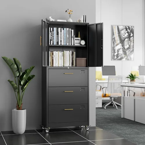 Miniatura 8 de METAN - Archivador de metal con 3 cajones y 1 estante, archivador de oficina con ruedas y cerradura, almacenamiento de oficina para tamaño Negro