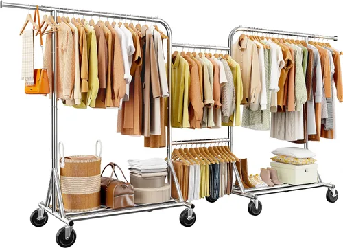 Miniatura 11 de Raybee Perchero de ropa resistente con carga de 500 libras, perchero con ruedas, doble barra para colgar ropa, perchero comercial portátil
