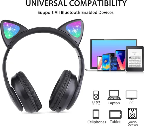 Miniatura 6 de TCJJ Auriculares Bluetooth 6.0 con orejas de gato para niñas, luz LED, límite de volumen seguro de 85dB, auriculares plegables inalámbricos
