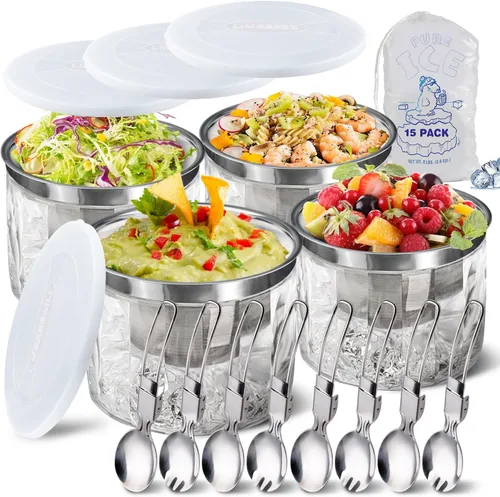Miniatura 8 de LIMOEASY Tazón para Dips Refrigerado (Paquete de 2), Tazón de Servir de 25 oz con Hielo y Tapa para Fiestas, Plato de Servir Frío para Hummus