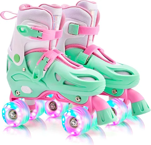 2PM SPORTS Patines de ruedas con luz ajustable de 4 tamaños para niñas, 4 ruedas intermitentes, patines para principiantes para niños de 5 a 8 y 8 a