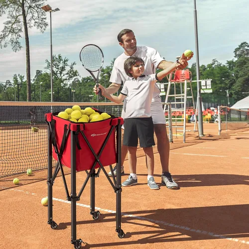 Miniatura 2 de Goplus Tolva plegable para pelotas de tenis, cesta de aluminio ligera con ruedas, bolsa extraíble, bolsillos laterales, bolsa de transporte, carrito