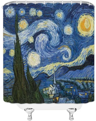Miniatura 4 de Cortina de ducha pequeña, noche estrellada, pintura al óleo azul, arte abstracto, cielo azul, nube, estrella, luna, paisaje, RV, baño, decoración